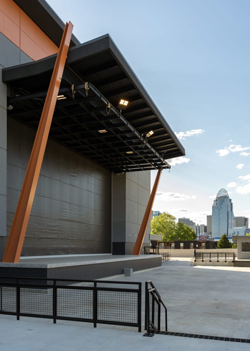 A view of the stage from the outdoor ampitheater. The retractable wall is lowered to separate the outside from the inside. Photo by Phil Armstrong.